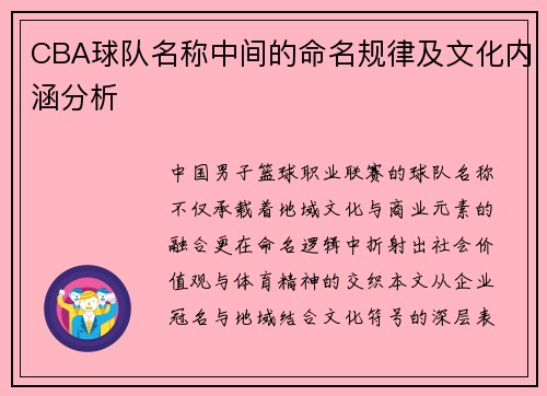 CBA球队名称中间的命名规律及文化内涵分析