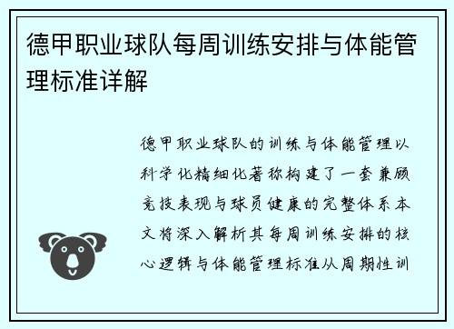 德甲职业球队每周训练安排与体能管理标准详解