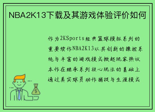 NBA2K13下载及其游戏体验评价如何